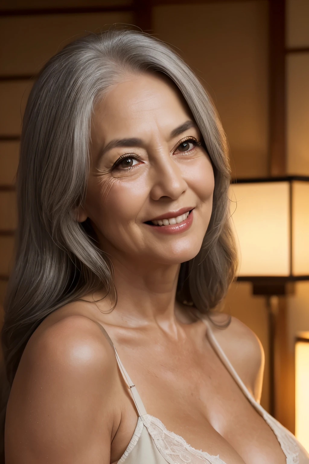 65 years old,(milf:1.2), a captivating gaze,(((long old gray hair))),Brown eyes, (A lot of wrinkles on her face:1.4), (There are many wrinkles on her chest1.4),Old Woman, Detailed wrinkles (8K, High resolution,ultra-quality, An ultra-high picture quality,Ultrarealistic,Best Quality,masuter piece:1.2)(breasts are large,Large cleavage:1.1) ,(Old Woman in Japan) ,sexy langeries,eyes visible through hair, Proper eye position,Cinematic Light,Soft light,lower back,Night time,Soft moonlight,detailed color graded background,Convoluted, ighly detailed,8K,Overall silhouette,Bedrooms,Looking down,smile,