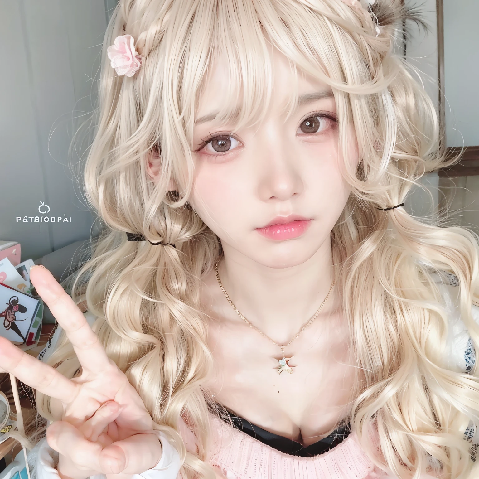 chica de pelo rubio con un signo de la paz y una camisa rosa, ulzzang, peinado kawaii, peinado kawaii, Lalisa Manobal, hada, peinado de dos colas, bella delfina, peinado de corte hime blanco, el corte de hime, shikami, pelo rubio rizado largo y esponjoso, peinado de coletas, pale korean adorable face, dollface articulada, pechos grandes y suaves, dollface