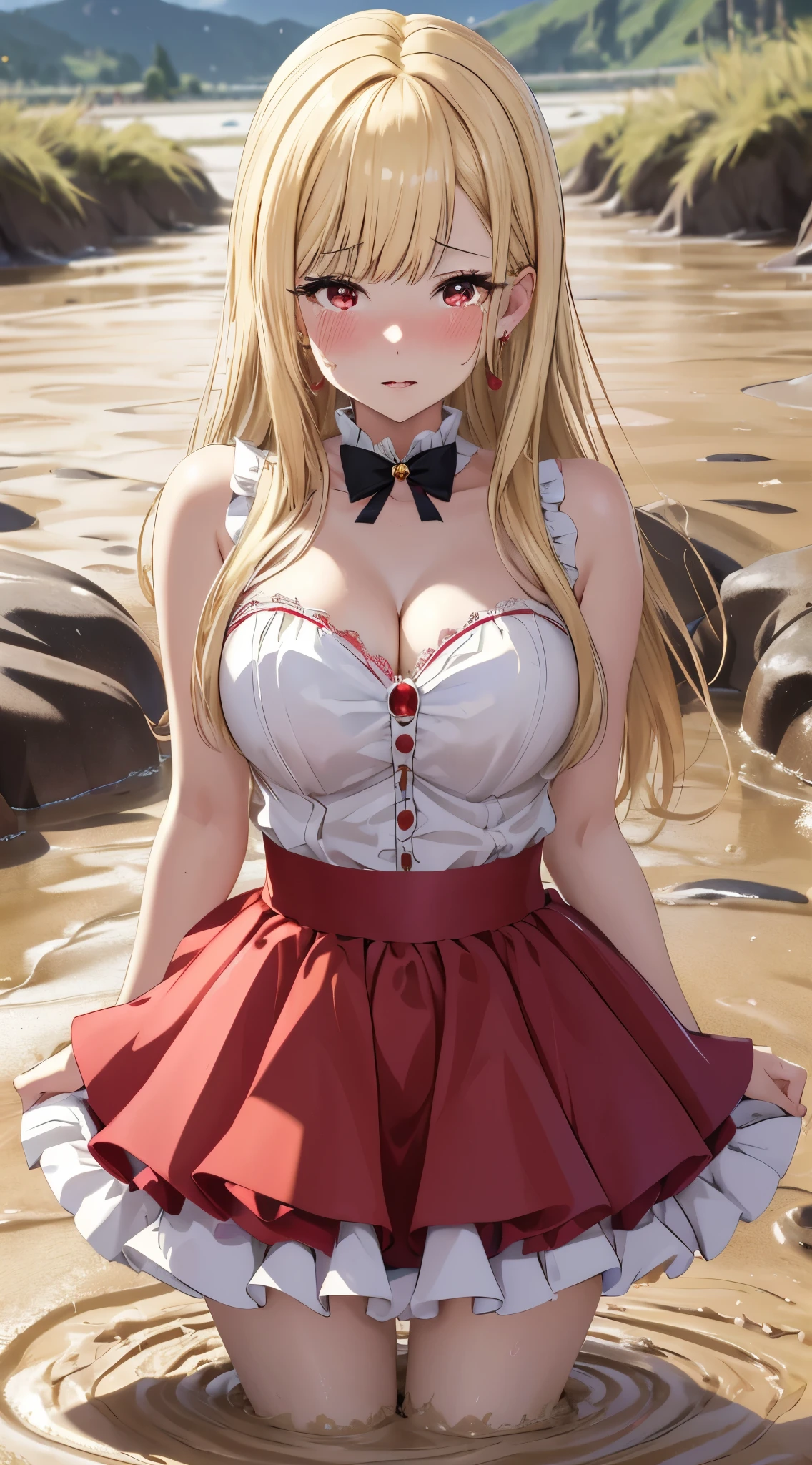 masterpiece, best quality, highres, kitagawa marin, 1girl, blonde hair, long hair, swept bangs, gradient hair, red eyes, jewelry, earrings, piercing, glossy lips, lips parted, tears, crying, idol dress, puffy skirt, flared skirt, cleavage, partially submerged, (quicksand:1.3)