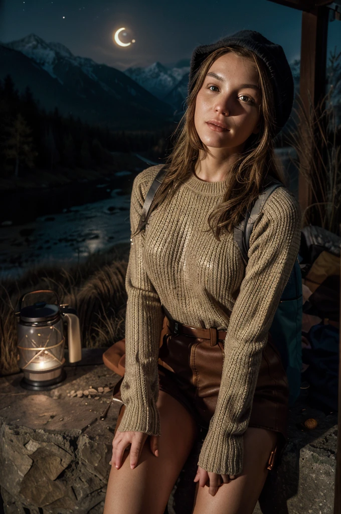 VeronicaCipher ((upper body selfie, happy)), masterpiece, best quality, ultra-detailed, solo, outdoors, (night), mountains, nature, (stars, moon) cheerful, happy, backpack, sleeping bag, camping stove, water bottle, mountain boots, gloves, sweater, hat, flashlight, forest, rocks, river, wood, smoke, shadows, contrast, clear sky, analog style (look at viewer:1.2) (skin texture) (film grain:1.3), (warm hue, warm tone) :1.2), close up, cinematic light, sidelighting, ultra high res, best shadow, RAW, upper body, , wearing pullover kodak vision 3,