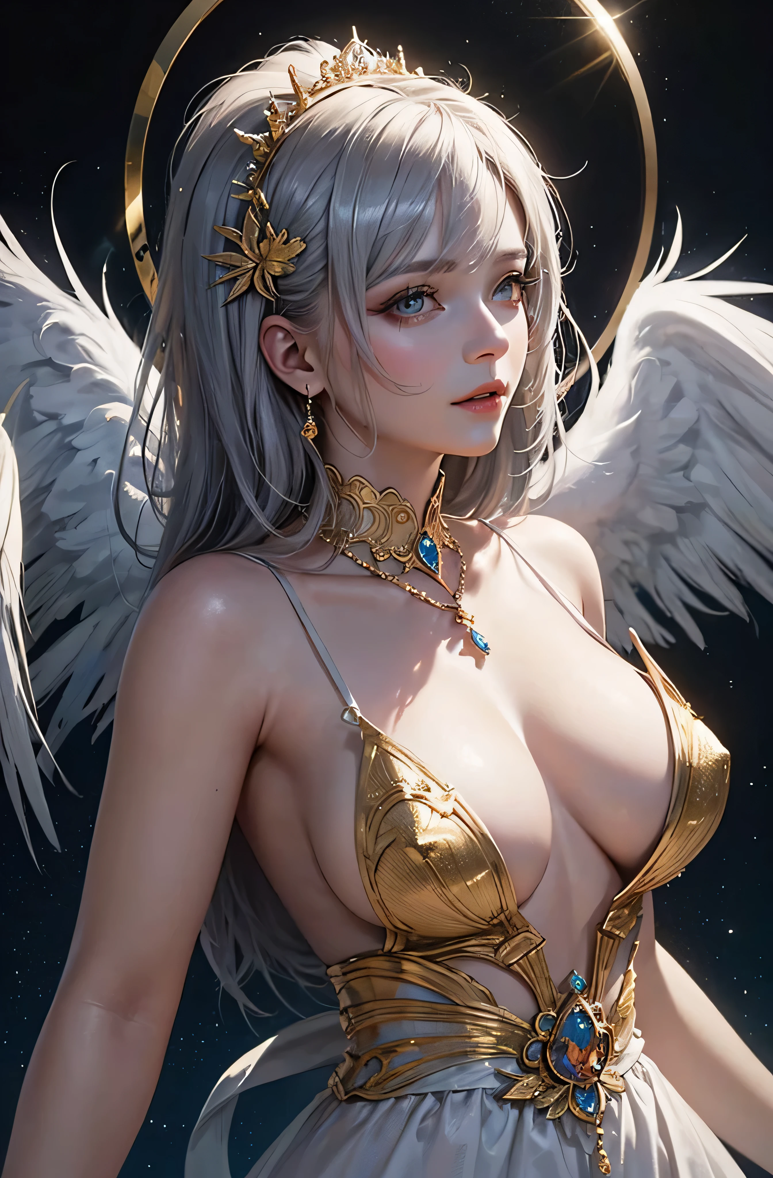 Castle in the distance、face is front、Looking at the camera、profile、8K、real photo、ultra high resolution, Master Parts, best quality, ticker , cinematic images,nice girl、Ann、16 only、Annグロサクソン、double eyelid、droopy eyes、very big eyes、eyes are purple、Dark eye shadow、lips are very thin、The tip of the nose stretches beautifully.......................................................、small nose,,,,, very detailed , silver hair、straight short hair、smile、 sweet look 、)、Very clear shadows , jewelry , detailed eyes, very complicated, shiny skin , パーフェクトブリリAnnト, perfect writing, dramatic shadow、White tiara on head、Gold necklace around the neck、White aristocratic dress with gold embroidery、glass high heels、angel wings