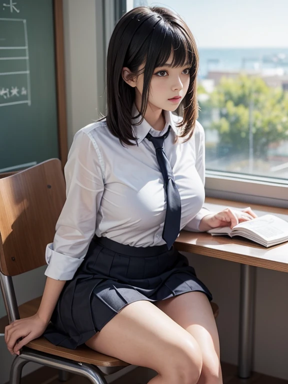 school uniform, short black hair bangs, class room scenery, crowded people, sitting in front of a desk, big hips, big thighs, reading book, with soft focus on the image, far side view,