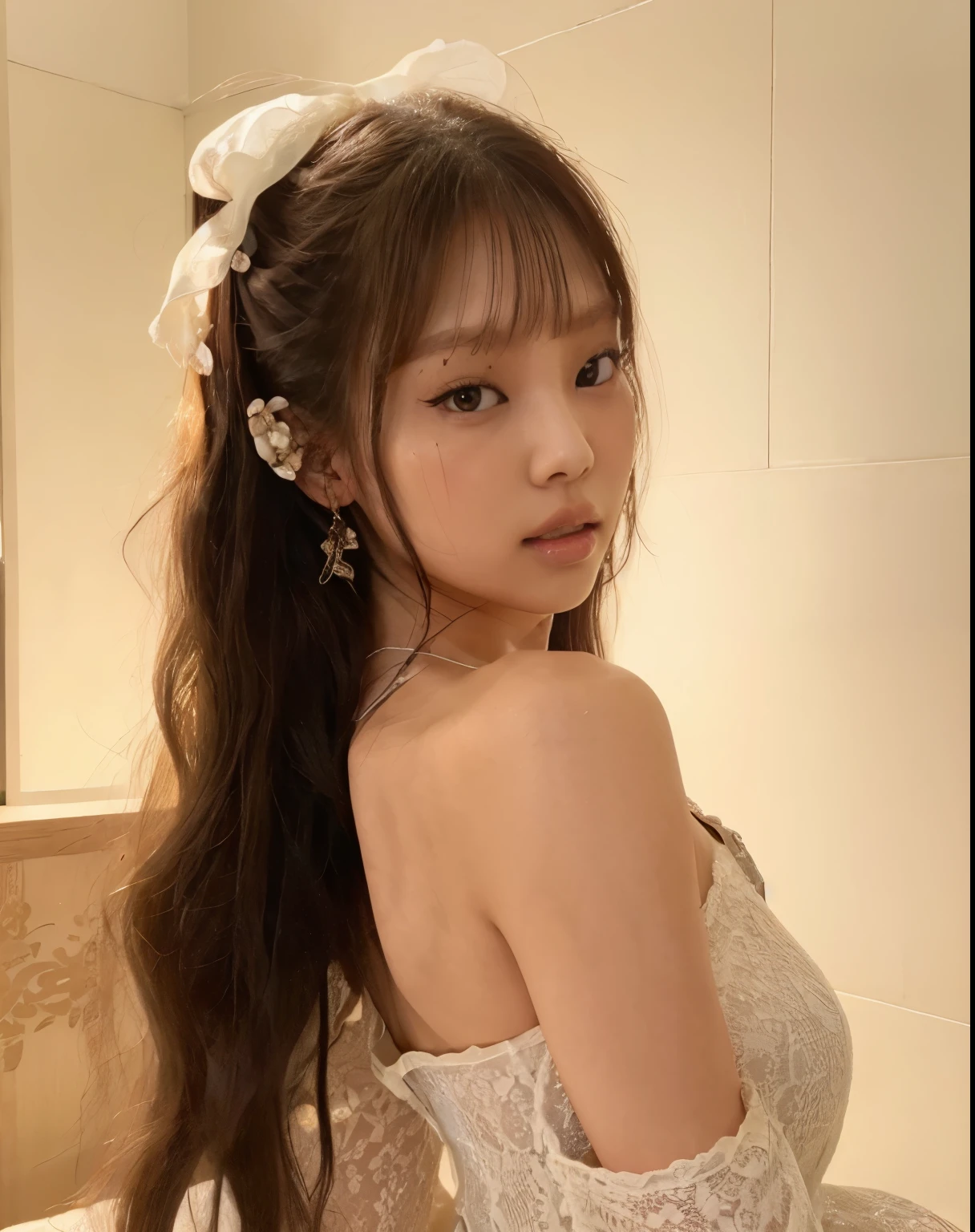 1 garota, Camisa xadrez, casaco de pele, Background of the Kremlin Palace, Outdoo, beehive,melhor qualidade, ultra high resolution, fotorrealista, jennie do blackpink, jennie linda, kim jennie, kim jennie blackpink, kim jennie do blackpink