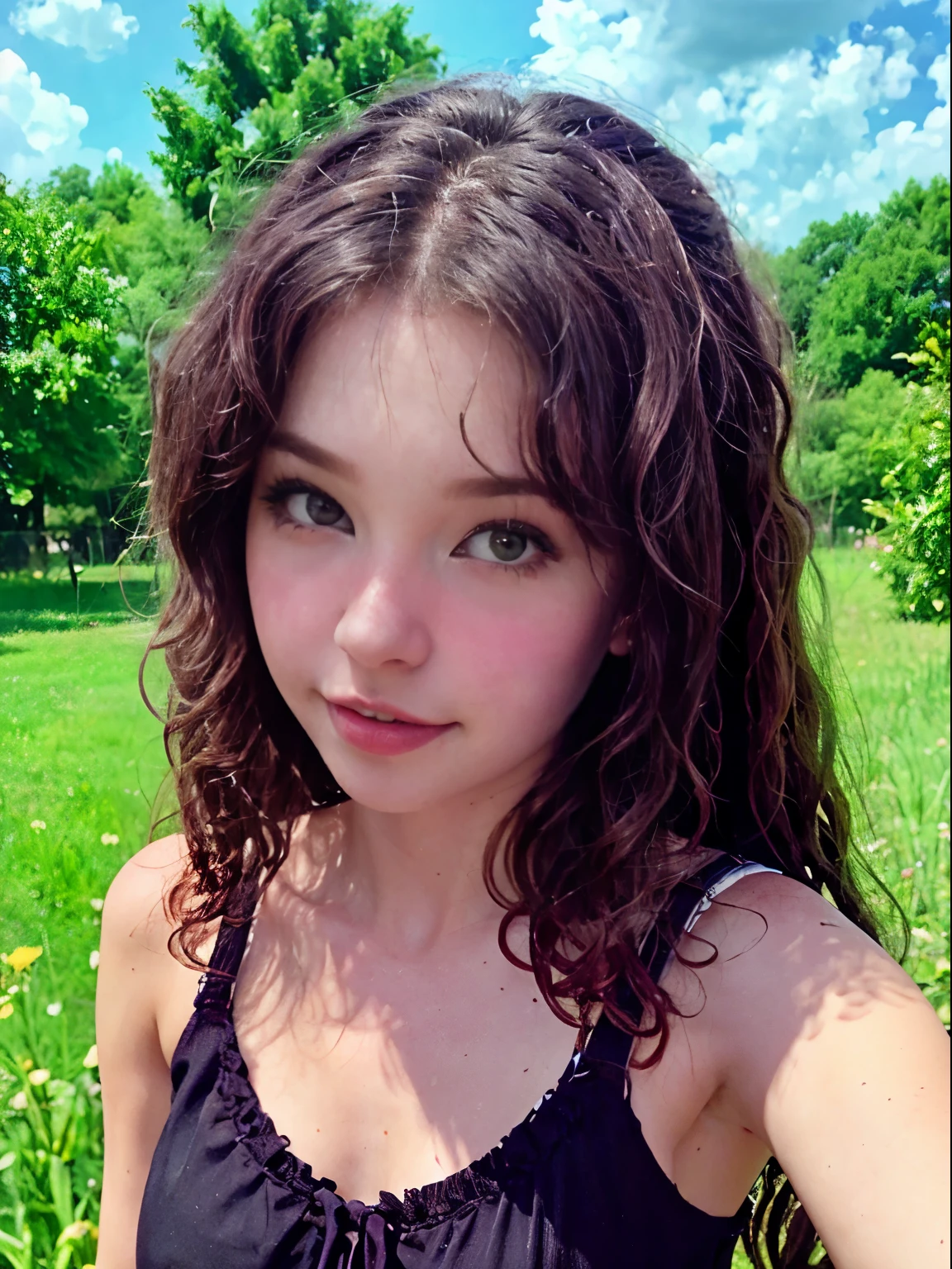 Beldel, taking a selfie, 16-year-old, detailed eyes, no makeup, (loose curly hair), (dark hair), (small breasts), skinny, slim body, detailed clothes, detailed body, high quality photo, outdoors, summer dress