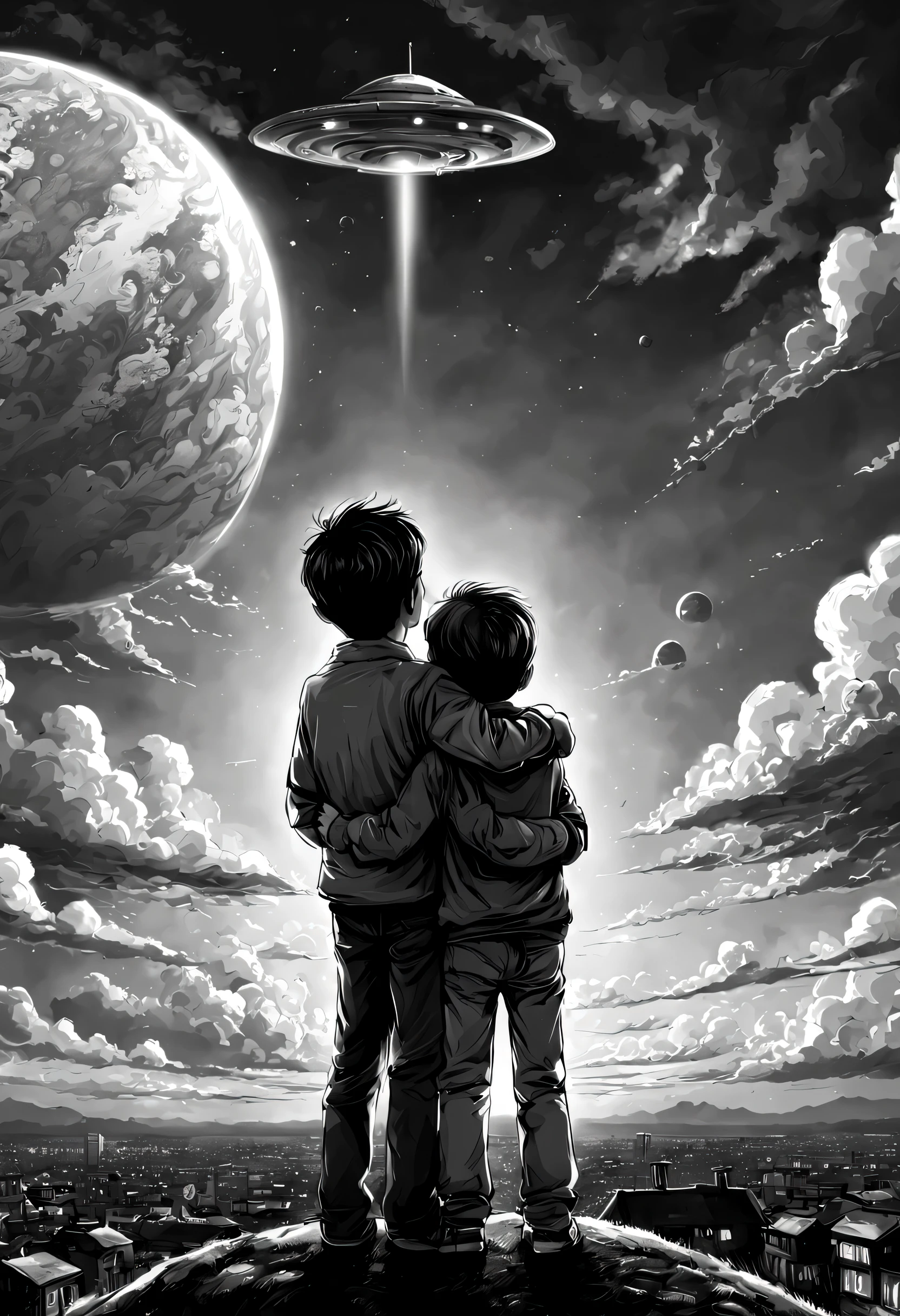 a child hugging his father in fear, the father looking at the sky, an alien invasion with a Ufo mothership arriving at planet Earth, 8k, extremely detailed, the clouds are clearly seen, the sky looks reddish in a type 19 sunset: 30 hrs, manga style, white black and white, draw, comic Ufotable style –no planets