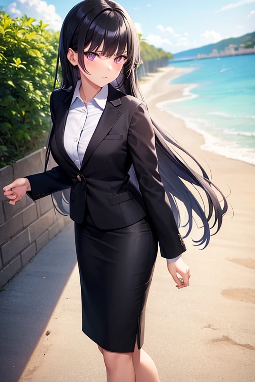 1girl, black hair, purple eyes, long hair, beach background, suit, office lady, black skirt, black blazer, pencil skirt, skirt suit, medium skirt, white shirt, collared shirt, long hair, teenager, looking at viewer, full body, high school girl, jk, 15 year old girl,