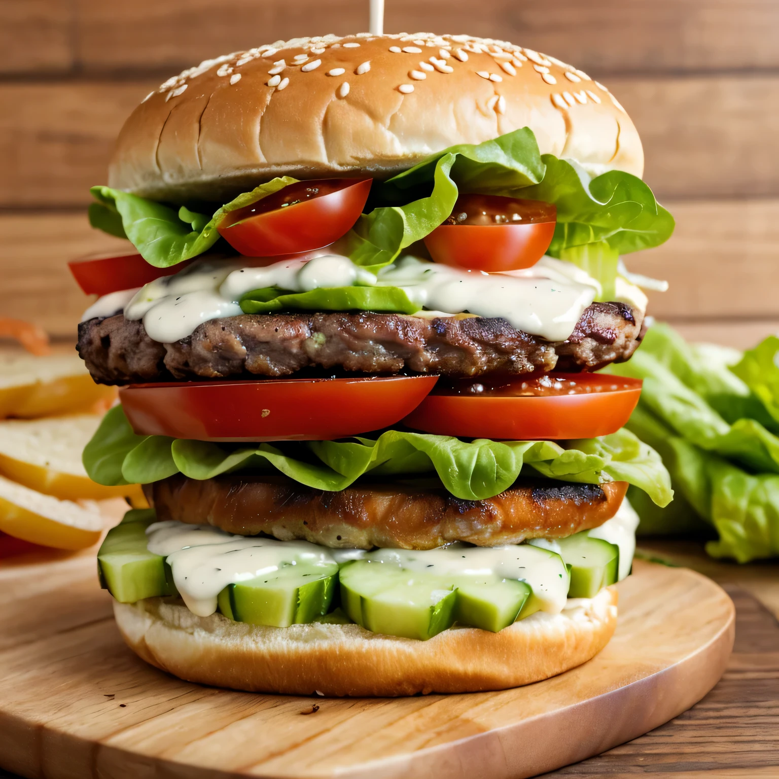 high quality, 8K Ultra HD Burger sandwich with lettuce, tomatoes and pickled cucumbers with ketchup and liquid mayonnaise on a wooden table