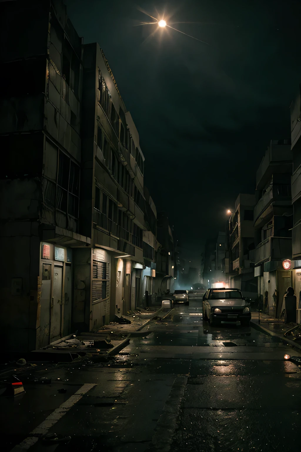 Hospital facade on a post-apocalyptic street, night time, estilo resident evil1, broken ambulances on the street, carros abandonados, ultra realista, sombrio com um clima de terror e suspense. 