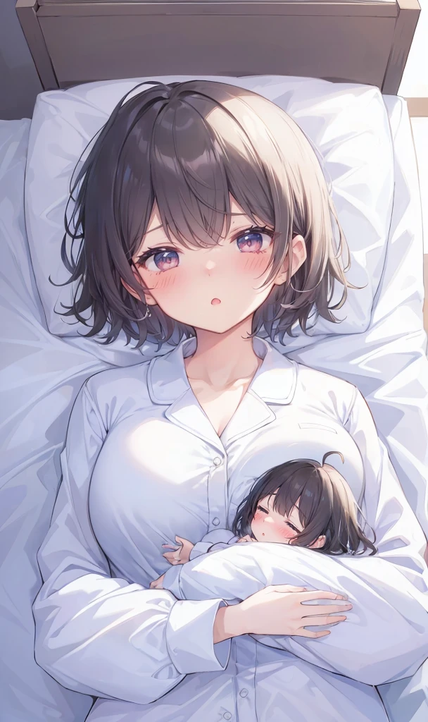 adventurer pajamas, (2girls:1.5), (simple background) (sleeping on a bed together cuddling: 1.2), (girl laid down on a bed: 1.2) (giantess closeup breasts: 1.4), (height_difference:1.4), (size_difference:1.3), (a minigirl sleeping on top of the breasts of a giantess:1.3), professionally drawn, (anime drawing:1.1), (simple bold lines: 1.1), (anime:1.1), (very cute anime girl), (bright), (low contrast), (prettiest teenage girl), (mature face: 1.4), (tall girl with big ass: 1.2), (looking at another: 1.2), (yuri:1.1), (two girls looking at another: 1.2), (full body: 1.1)