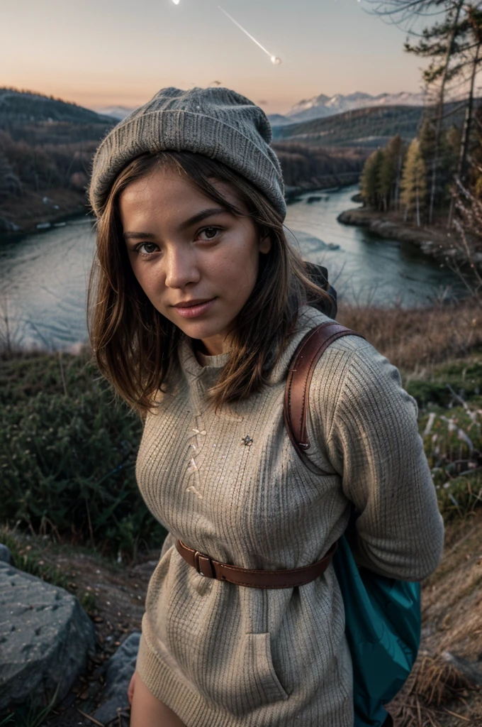 naked VeronicaCipher ((upper body selfie, happy)), masterpiece, best quality, ultra-detailed, solo, outdoors, (night), mountains, nature, (stars, moon) cheerful, happy, backpack, sleeping bag, camping stove, water bottle, mountain boots, gloves, sweater, hat, flashlight, forest, rocks, river, wood, smoke, shadows, contrast, clear sky, analog style (look at viewer:1.2) (skin texture) (film grain:1.3), (warm hue, warm tone) :1.2), close up, cinematic light, sidelighting, ultra high res, best shadow, RAW, upper body, , wearing pullover kodak vision 3,