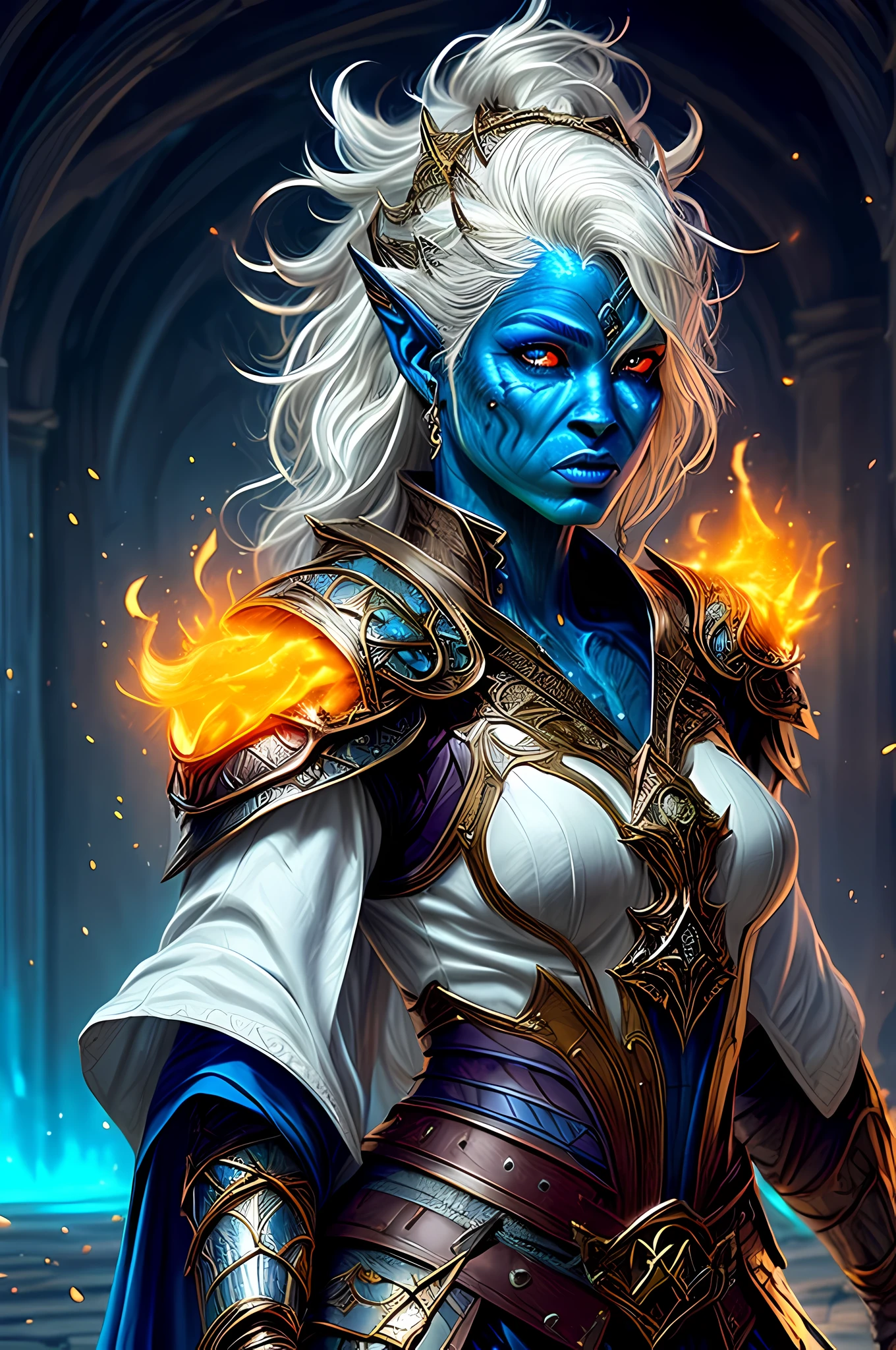 fantasy art, dnd art, RPG art, wide shot, (masterpiece: 1.4) portrait, intense details, highly detailed, photorealistic, best quality, highres, portrait a vedalken female (fantasy art, Masterpiece, best quality: 1.3) ((blue skin: 1.5)), intense details facial details, exquisite beauty, (fantasy art, Masterpiece, best quality) cleric, (blue colored skin: 1.5) 1person blue_skin, blue skinned female, (white hair: 1.3), long hair, intense green eye, fantasy art, Masterpiece, best quality) armed a fiery sword red fire, wearing heavy (white: 1.3) half plate mail armor, wearing high heeled laced boots, wearing an(orange :1.3) cloak, wearing glowing holy symbol GlowingRunes_yellow, within fantasy temple background, reflection light, high details, best quality, 16k, [ultra detailed], masterpiece, best quality, (extremely detailed), close up, ultra wide shot, photorealistic, RAW, fantasy art, dnd art, fantasy art, realistic art,((best quality)), ((masterpiece)), (detailed), perfect face