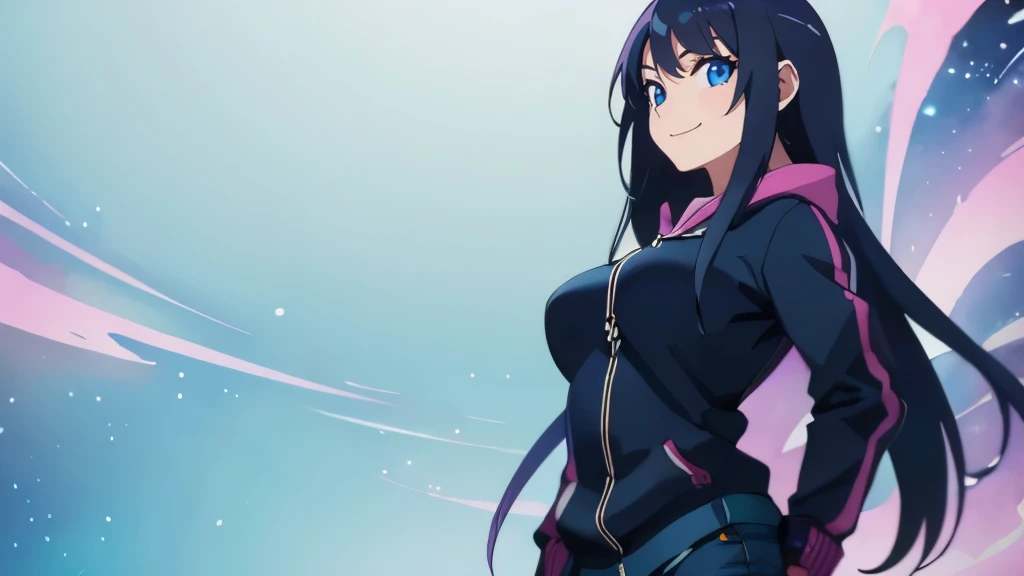 (Best quality), 1girl wearing a hoodie and blue jeans, smiling, large breasts, sexy fit body figure, standing on space bridge,solo looking at viewer, long hair, blue and purple neon colors
