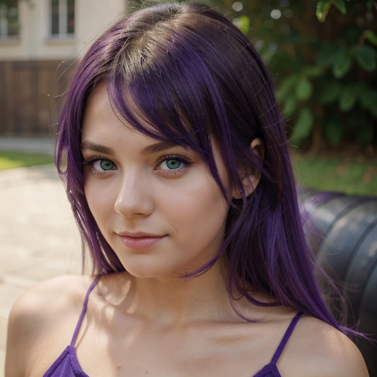 Beautiful realistic young girl with green eyes and bright purple hair