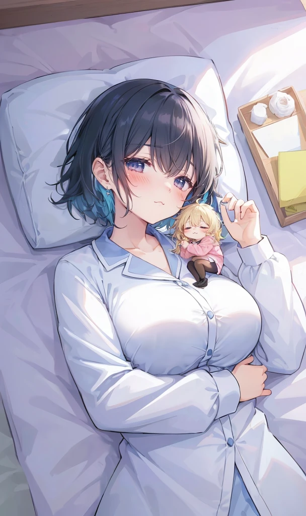 adventurer pajamas, (2girls:1.5), (simple background) (sleeping on a bed together cuddling: 1.2), (girl laid down on a bed: 1.2) (giantess closeup breasts: 1.4), (height_difference:1.4), (size_difference:1.3), (a minigirl sleeping on top of the breasts of a giantess:1.3), professionally drawn, (anime drawing:1.1), (simple bold lines: 1.1), (anime:1.1), (very cute anime girl), (bright), (low contrast), (prettiest teenage girl), (mature face: 1.4), (tall girl with big ass: 1.2), (looking at another: 1.2), (yuri:1.1), (two girls looking at another: 1.2), (full body: 1.1)