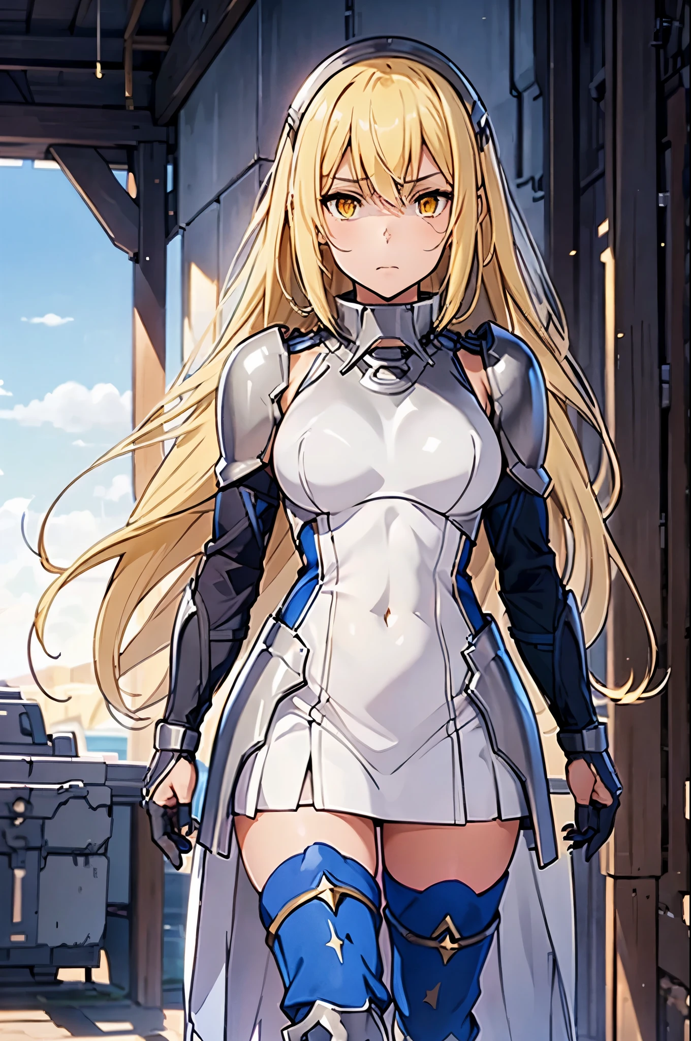 ais, 1girl, solo, blonde hair, armor, long hair, straight hair, thighhighs, boots, dress, yellow eyes, thigh boots, blue long boots, blue footwear, covered navel, breastplate, shoulder armor, gloves, white dress
