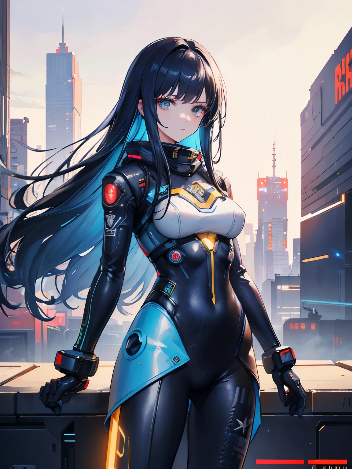 Masterpiece, best quality, 4k, mecha, starry sky, sky, stars(sky), slender legs, long hair, medium hair, cyberpunk 2077, cyberpunk, punk, cyber, depth of field, blurred city background, beautiful women in mecha suit, nsfw, lens flare, lights