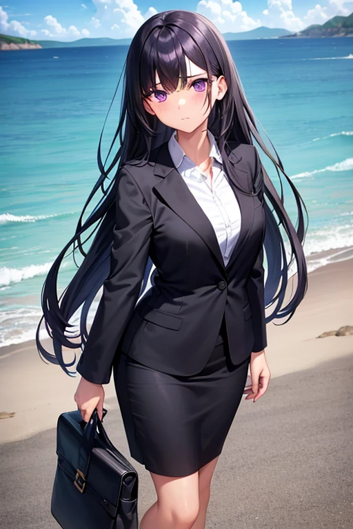 1girl, black hair, purple eyes, long hair, beach background, suit, office lady, black skirt, black blazer, pencil skirt, skirt suit, medium skirt, white shirt, collared shirt, long hair, teenager, looking at viewer, full body, high school girl, jk,  girl,