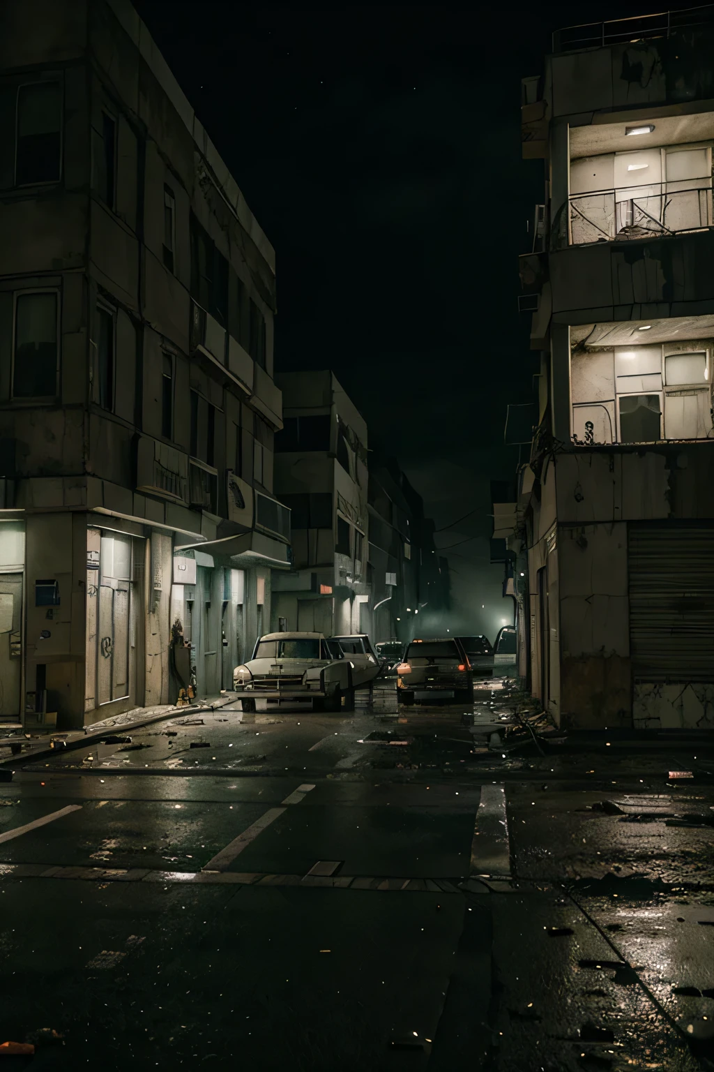 Hospital facade on a post-apocalyptic street, night time, estilo resident evil1, broken ambulances on the street, carros abandonados, ultra realista, sombrio com um clima de terror e suspense. 