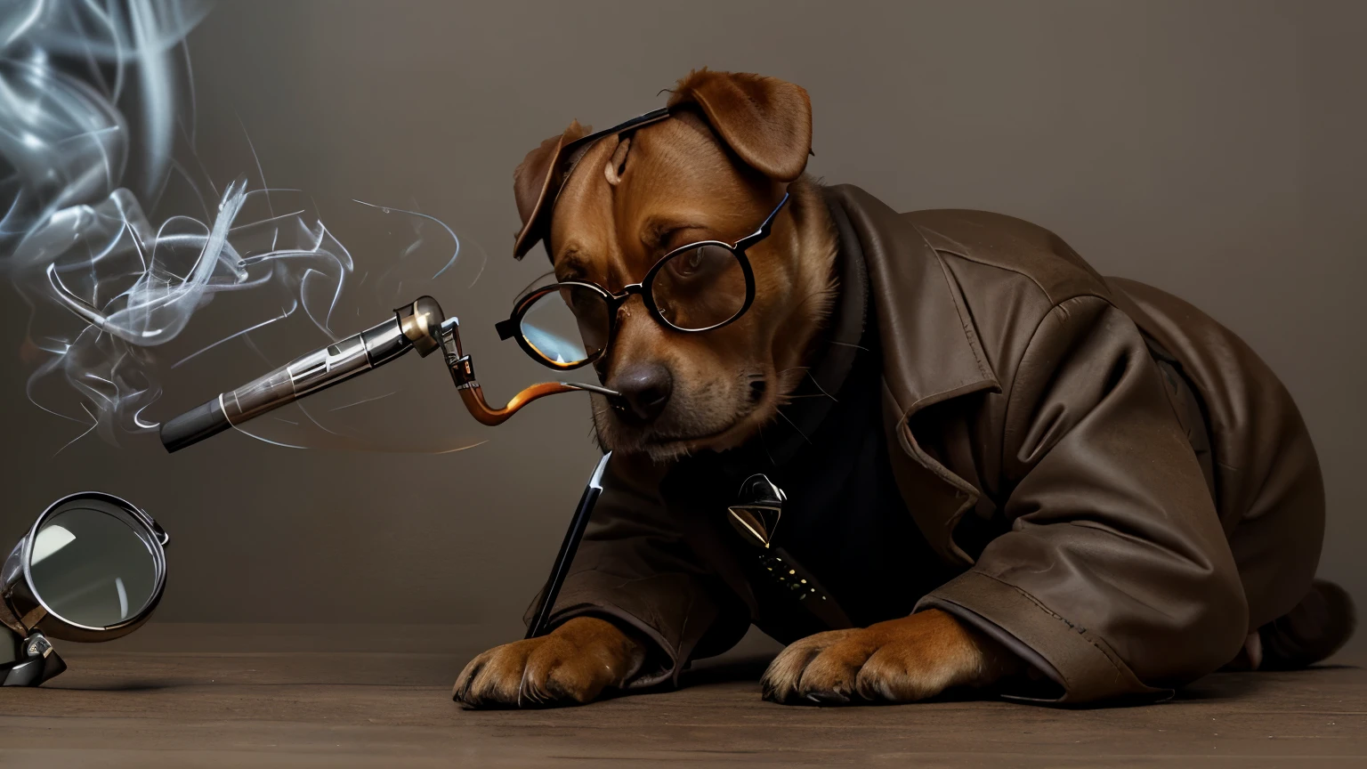 a dog wearing a detective outfit, with a brown coat, wearing glasses with black mirrored lenses, smoking a pipe, holding a magnifying glass.