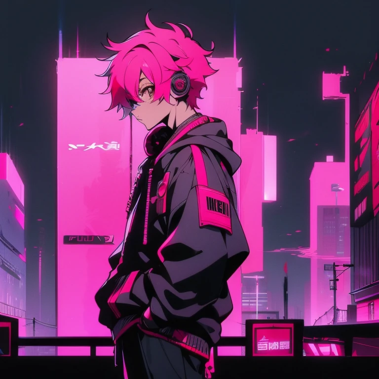 (shortcut), (two block hair), (bright pink hair), (male character), (red eyes), (cool pose), (top quality), (masterpiece), (Super detailed), (oversized hoodie), (Street style), (neon), (modern city), (neonデイライト), (cinematic), (stylish), (High resolution), (hyper-detailed), (soft town), (Nightcore), (a handsome guy), (he is wearing headphones), (natural appearance of the building), (casual), (IG studio anime style), (standing pose), (camera from low angle),