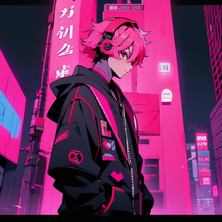 (shortcut), (two block hair), (bright pink hair), (male character), (red eyes), (cool pose), (top quality), (masterpiece), (Super detailed), (oversized hoodie), (Street style), (neon), (modern city), (neonデイライト), (cinematic), (stylish), (High resolution), (hyper-detailed), (soft town), (Nightcore), (a handsome guy), (he is wearing headphones), (natural appearance of the building), (casual), (IG studio anime style), (standing pose), (camera from low angle),