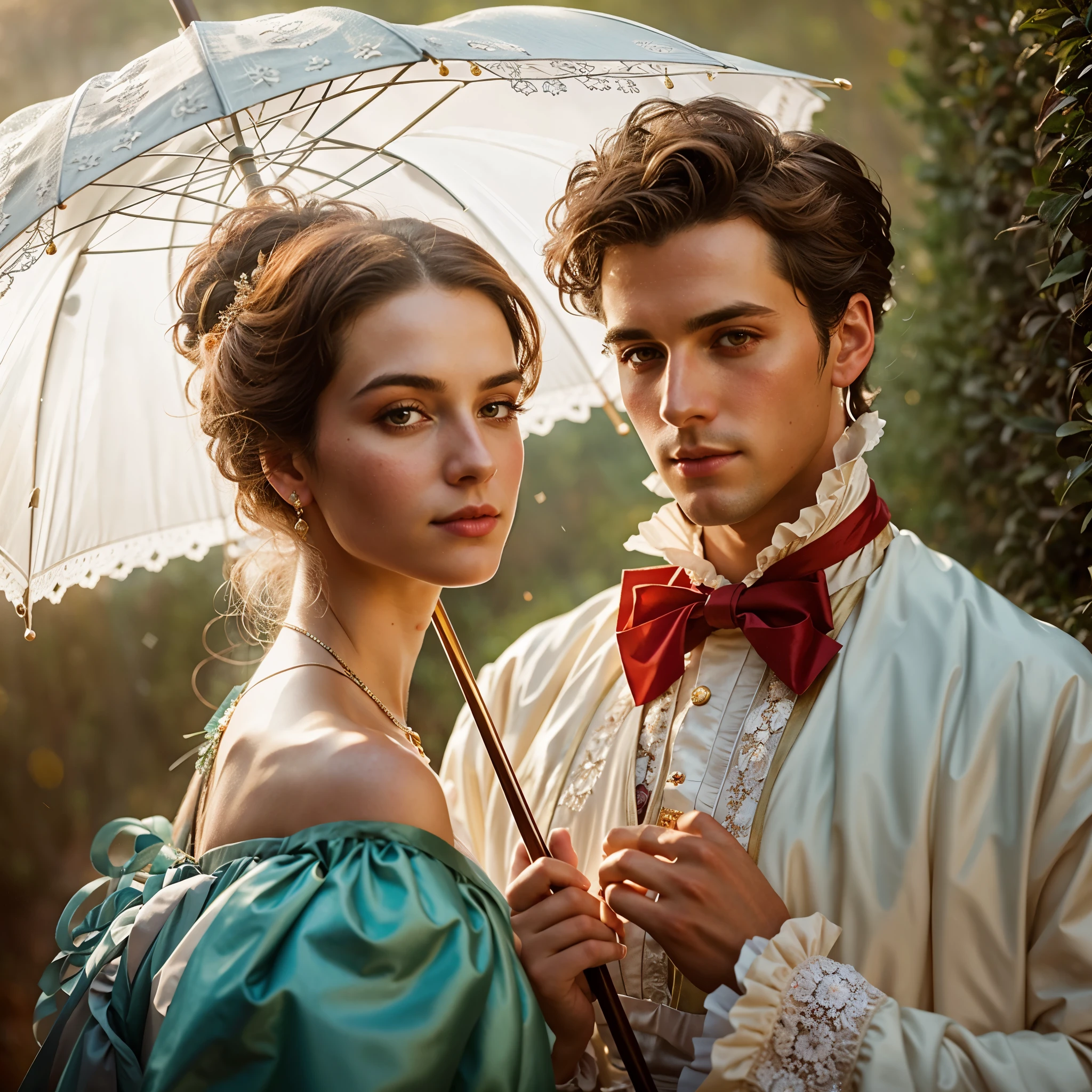 they are dressed in period costumes and holding umbrellas in the sun, inspired by Pierre Auguste Cote, Darius Zawadski and Tom Bagshaw, romanticism portrait, inspired by Dolphin Enjolras, Alexander Kucharsky, Wlop and Andrey Ryabovichev, both dressed in Victorian clothing, Michael Horse (unreal engine