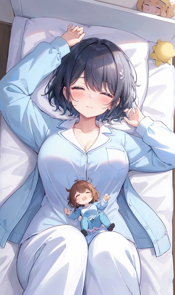 adventurer pajamas, (2girls:1.5), (simple background) (sleeping on a bed together cuddling: 1.2), (girl laid down on a bed: 1.2) (giantess closeup breasts: 1.4), (height_difference:1.4), (size_difference:1.3), (a minigirl sleeping on top of the breasts of a giantess:1.3), professionally drawn, (anime drawing:1.1), (simple bold lines: 1.1), (anime:1.1), (very cute anime girl), (bright), (low contrast), (prettiest teenage girl), (mature face: 1.4), (tall girl with big ass: 1.2), (looking at another: 1.2), (yuri:1.1), (two girls looking at another: 1.2), (full body: 1.1)