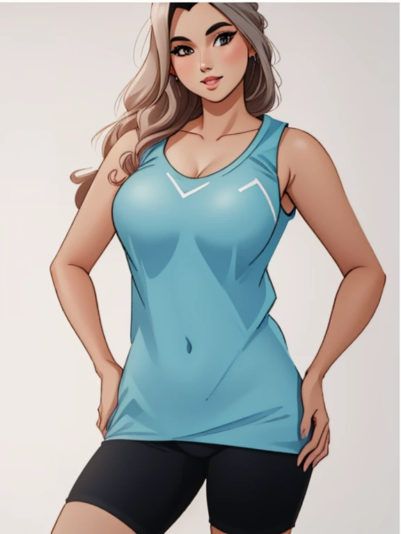 a woman in a blue regata and black shorts, blue regata, regata, ciano, regata, tight fitted regata, with cerceta clothes, tops sem mangas, Vivia, cerceta, wearing regata, vestindo uma regata, vestindo regata, camiseta azul justa, cercetas, modelo usando colete técnico, camiseta, sol da tarde
