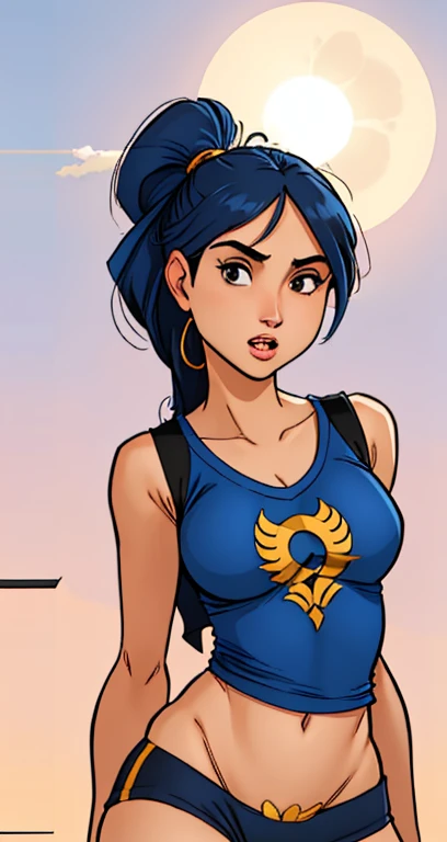 a woman in a blue regata and black shorts, blue regata, regata, ciano, regata, tight fitted regata, with cerceta clothes, tops sem mangas, Vivia, cerceta, wearing regata, vestindo uma regata, vestindo regata, camiseta azul justa, cercetas, modelo usando colete técnico, camiseta, sol da tarde