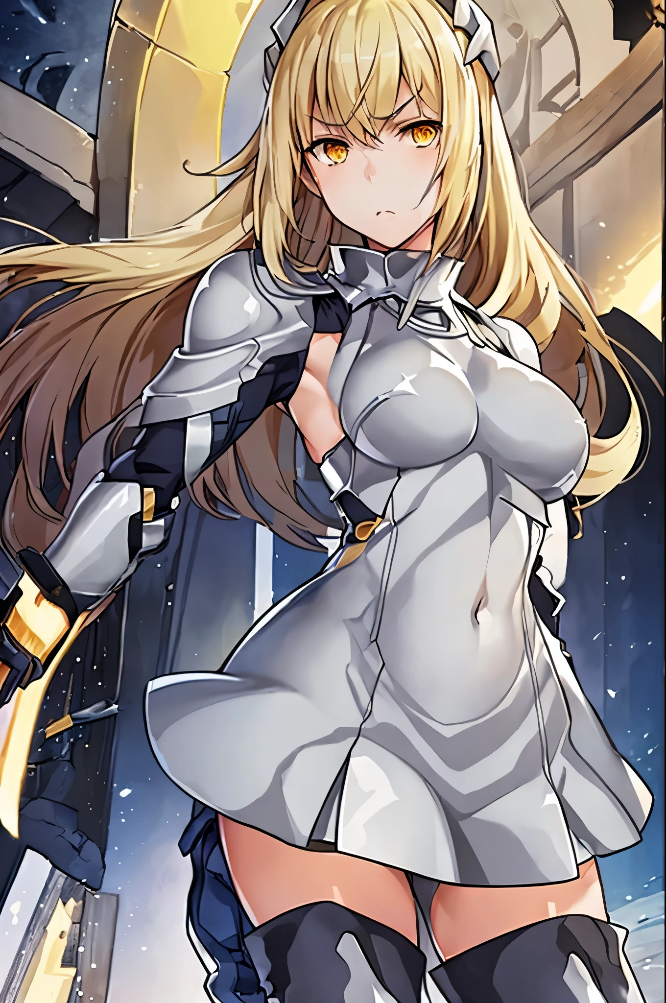 ais, 1girl, solo, blonde hair, armor, long hair, straight hair, thighhighs, boots, dress, yellow eyes, thigh boots, blue long boots, blue footwear, covered navel, breastplate, shoulder armor, gloves, white dress,disgust