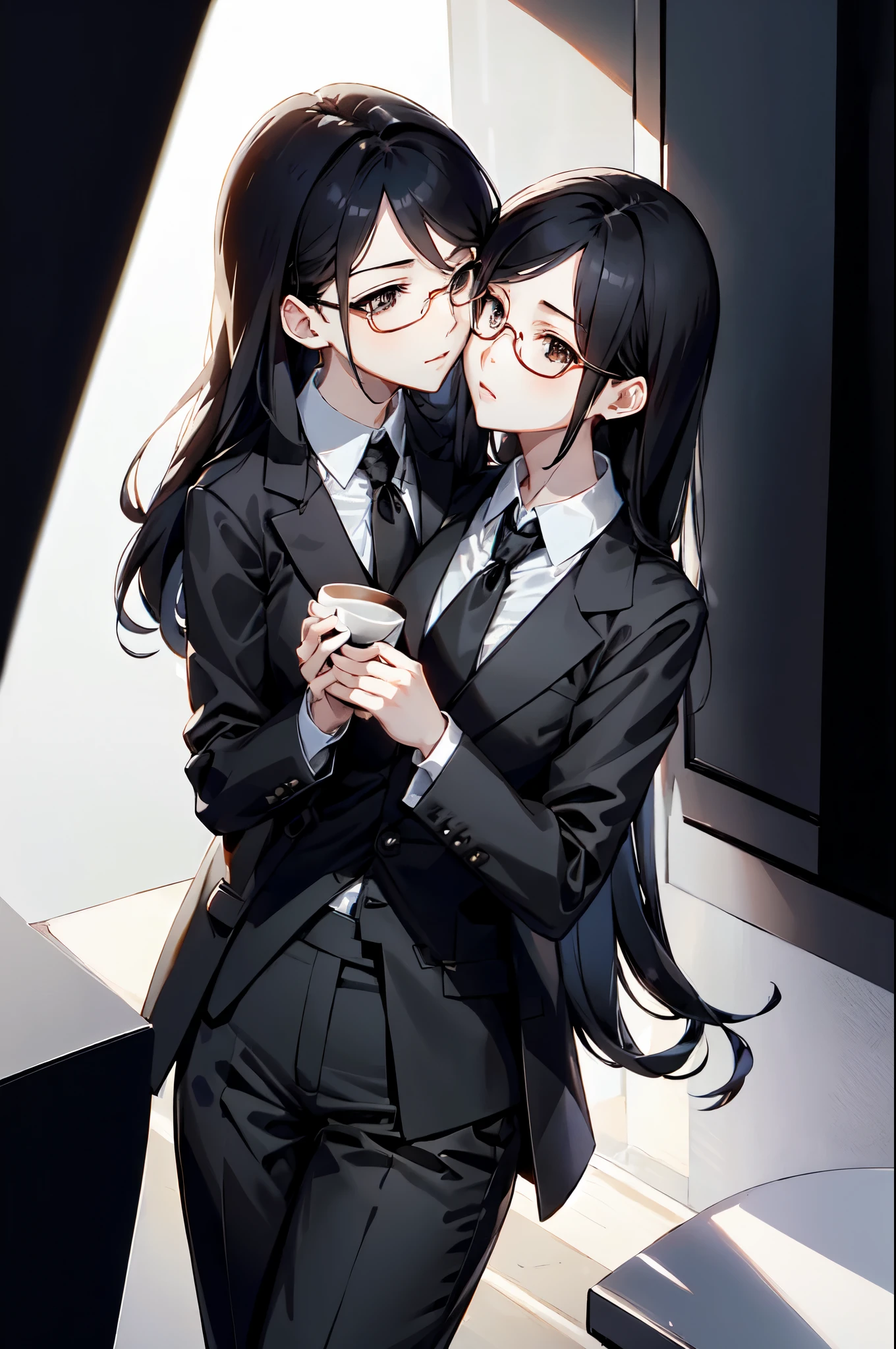 2heads, 1girl, glasses, asian, very long white hair, petite body, short, black necktie, jacket, trouser, collared shirt, Black pantsuit, white shirt, holding a coffee, masterpiece, high quality, absurdres, office, beautiful background, holding cup of coffee, looking at each other, (kiss:1.1), (yuri:1.1)