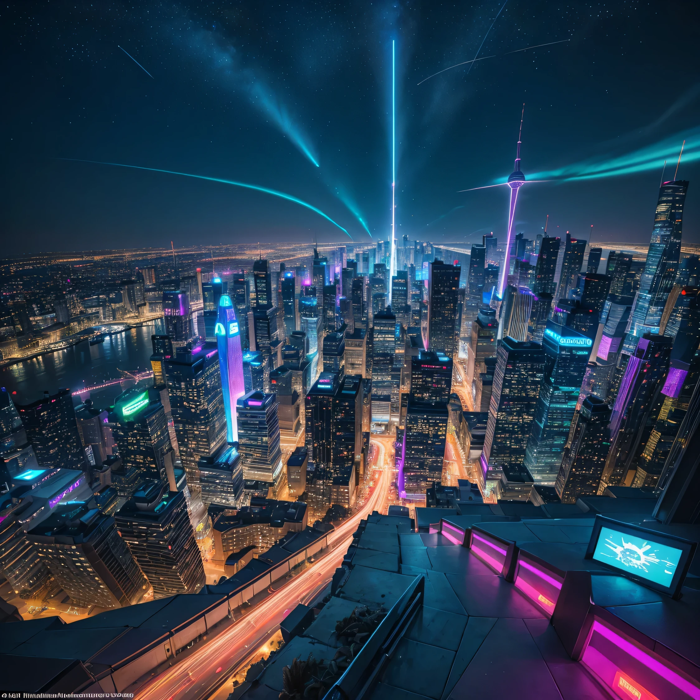 "Visualize and create an image of a futuristic cityscape bathed in vibrant neon colors. Skyscrapers and buildings soar into the sky, their sleek and innovative designs reflecting a blend of advanced technology and artistic vision. The streets below are bustling with activity, filled with futuristic vehicles gliding seamlessly along illuminated pathways.
Neon lights adorn the architecture, casting a radiant glow across the urban landscape. Holographic advertisements and signs flicker and dance in the air, showcasing the city's dynamic energy and cutting-edge innovation. The atmosphere is electrifying, pulsating with life and creativity.
Incorporate elements of advanced technology such as flying cars, hoverboards, and interactive digital displays. The skyline should be punctuated with towering structures that feature intricate designs and glowing neon accents, creating a dazzling spectacle against the backdrop of a starlit sky or a futuristic horizon.
The overall aesthetic should evoke a sense of wonder, excitement, and possibility, capturing the essence of a world where technology and imagination converge to shape the cities of tomorrow."