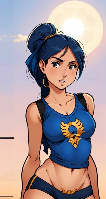 a woman in a blue regata and black shorts, blue regata, regata, ciano, regata, tight fitted regata, with cerceta clothes, tops sem mangas, Vivia, cerceta, wearing regata, vestindo uma regata, vestindo regata, camiseta azul justa, cercetas, modelo usando colete técnico, camiseta, sol da tarde