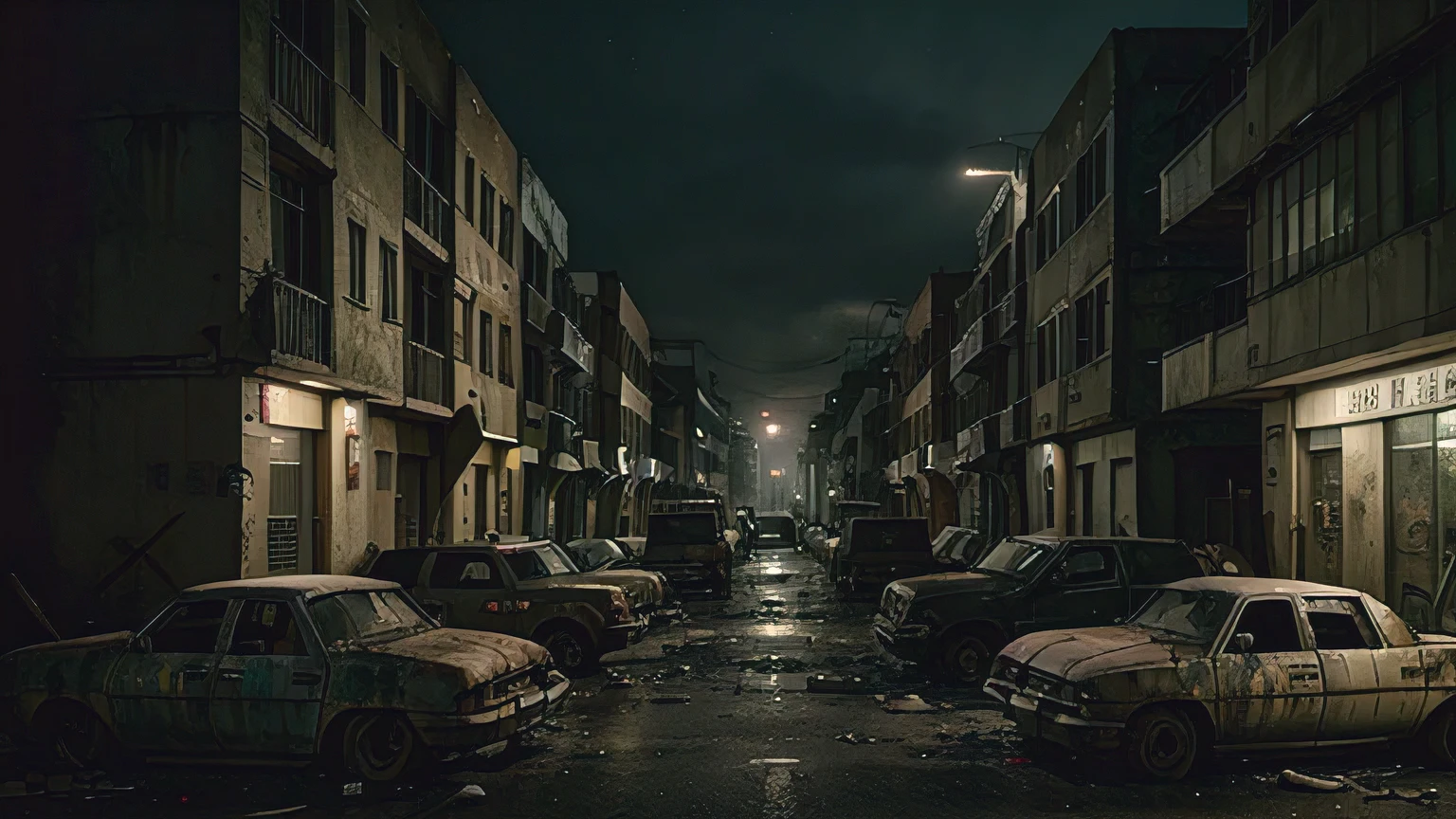 Hospital facade on a post-apocalyptic street, night time, estilo resident evil1, broken ambulances on the street, carros abandonados, ultra realista, sombrio com um clima de terror e suspense. Multiple angles of the same image.