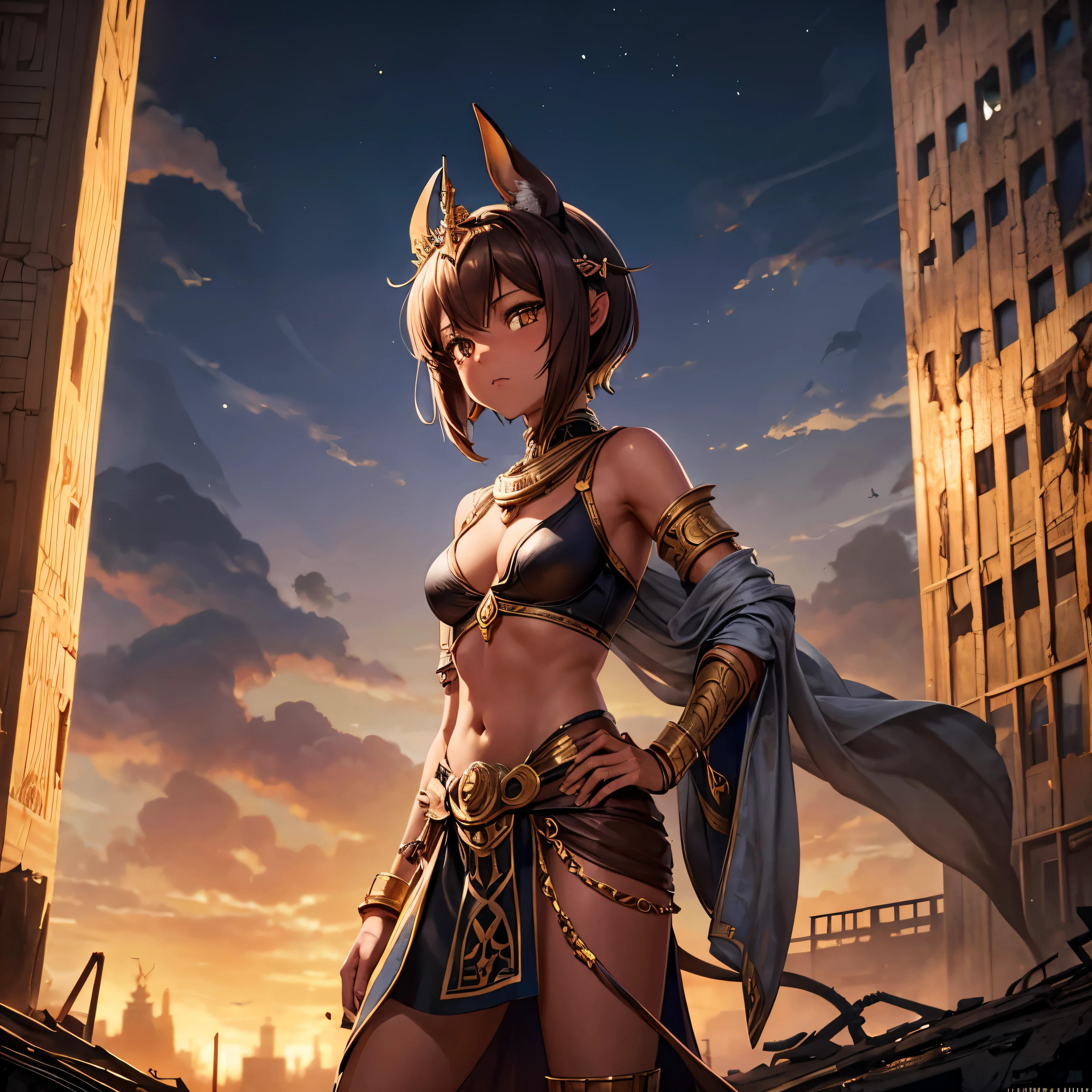 Ankha, mit braunen Haaren, Anubis-Ohren, ein kurzer Haarschnitt, and a ruined city setting in an apocalyptic setting, strahlt Eleganz aus. She wears a crown, add a touch of royalty, and looks really classy amidst the destruction