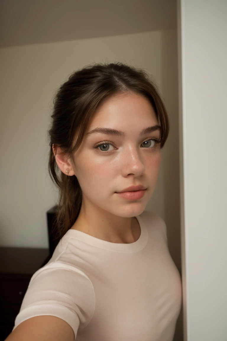 (high angle, closeup on face:1.2) selfie of CandelaGallo, she  wearing tight t-shirt , she  posing for selfie, she  wearing ascot, her hair  styled as low messy knot, BREAK she  (in the bedroom:1.1), silhouetted against the light, shot on Leica T, Leica colors, tone,shallow depth of field,vignetting, Voigtlnder Nokton 50mm f1.1 ,