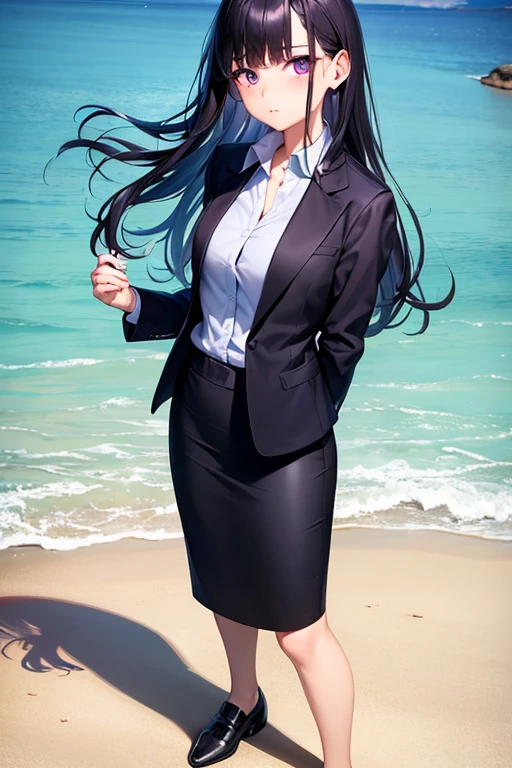 1girl, black hair, purple eyes, long hair, beach background, suit, office lady, black skirt, black blazer, pencil skirt, skirt suit, medium skirt, white shirt, collared shirt, long hair, teenager, looking at viewer, full body, high school girl, jk, 15 year old girl,