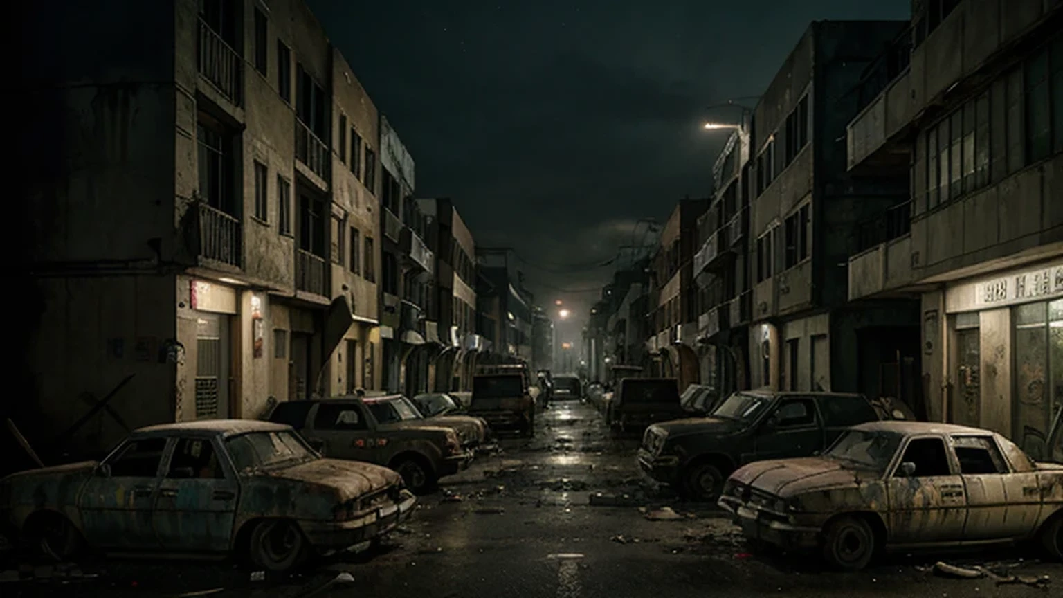 Hospital facade on a post-apocalyptic street, night time, estilo resident evil1, broken ambulances on the street, carros abandonados, ultra realista, sombrio com um clima de terror e suspense. Multiple angles of the same image.