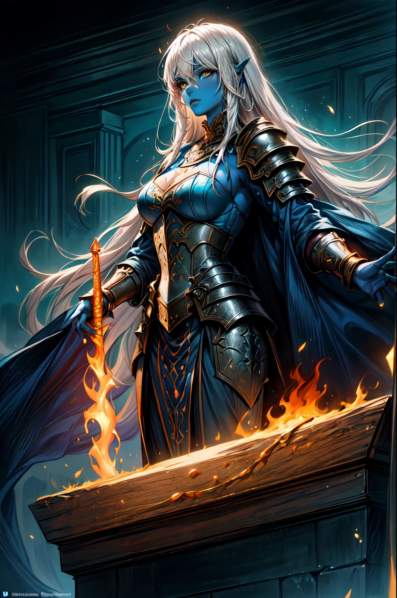 fantasy art, dnd art, RPG art, wide shot, (masterpiece: 1.4) portrait, intense details, highly detailed, photorealistic, best quality, highres, portrait a vedalken female (fantasy art, Masterpiece, best quality: 1.3) ((blue skin: 1.5)), intense details facial details, exquisite beauty, (fantasy art, Masterpiece, best quality) cleric, (blue colored skin: 1.5) 1person blue_skin, blue skinned female, (white hair: 1.3), long hair, intense green eye, fantasy art, Masterpiece, best quality) armed a fiery sword red fire, wearing heavy (white: 1.3) half plate mail armor, wearing high heeled laced boots, wearing an(orange :1.3) cloak, wearing glowing holy symbol GlowingRunes_yellow, within fantasy temple background, reflection light, high details, best quality, 16k, [ultra detailed], masterpiece, best quality, (extremely detailed), close up, ultra wide shot, photorealistic, RAW, fantasy art, dnd art, fantasy art, realistic art,((best quality)), ((masterpiece)), (detailed), perfect face