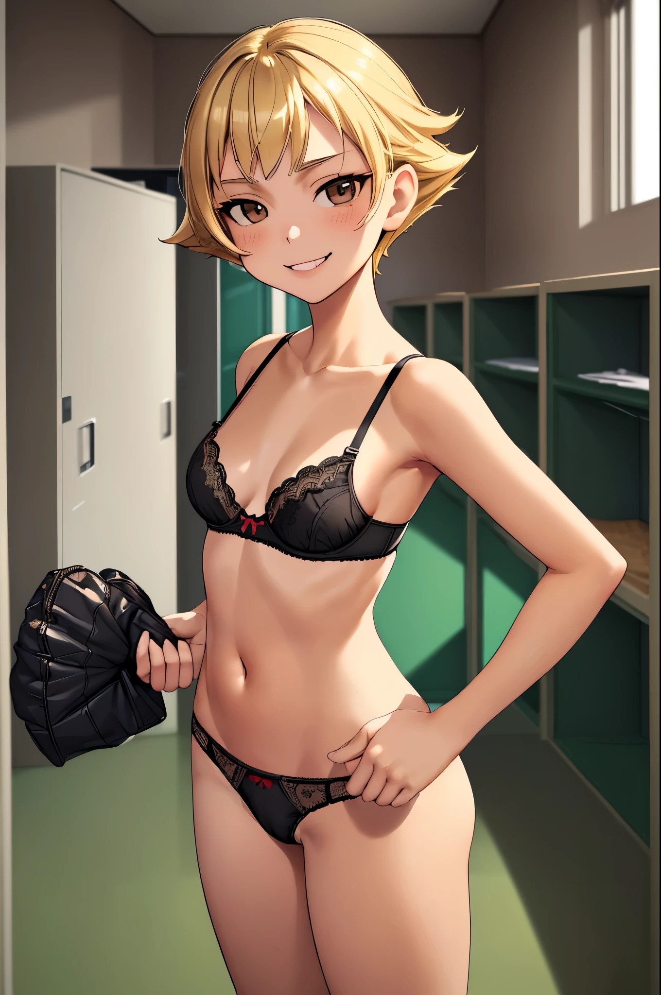 masterpiece, best quality, erwindef, 1girl, blonde hair, dark brown eyes, solo, small medium breasts, standing frontally, casual pose, pov, looking at viewer, sexy black underwear, black panties, black bra, whole body can be seen, indoors, locker room, seductive smile, detailed hands, five fingers, female genitals
