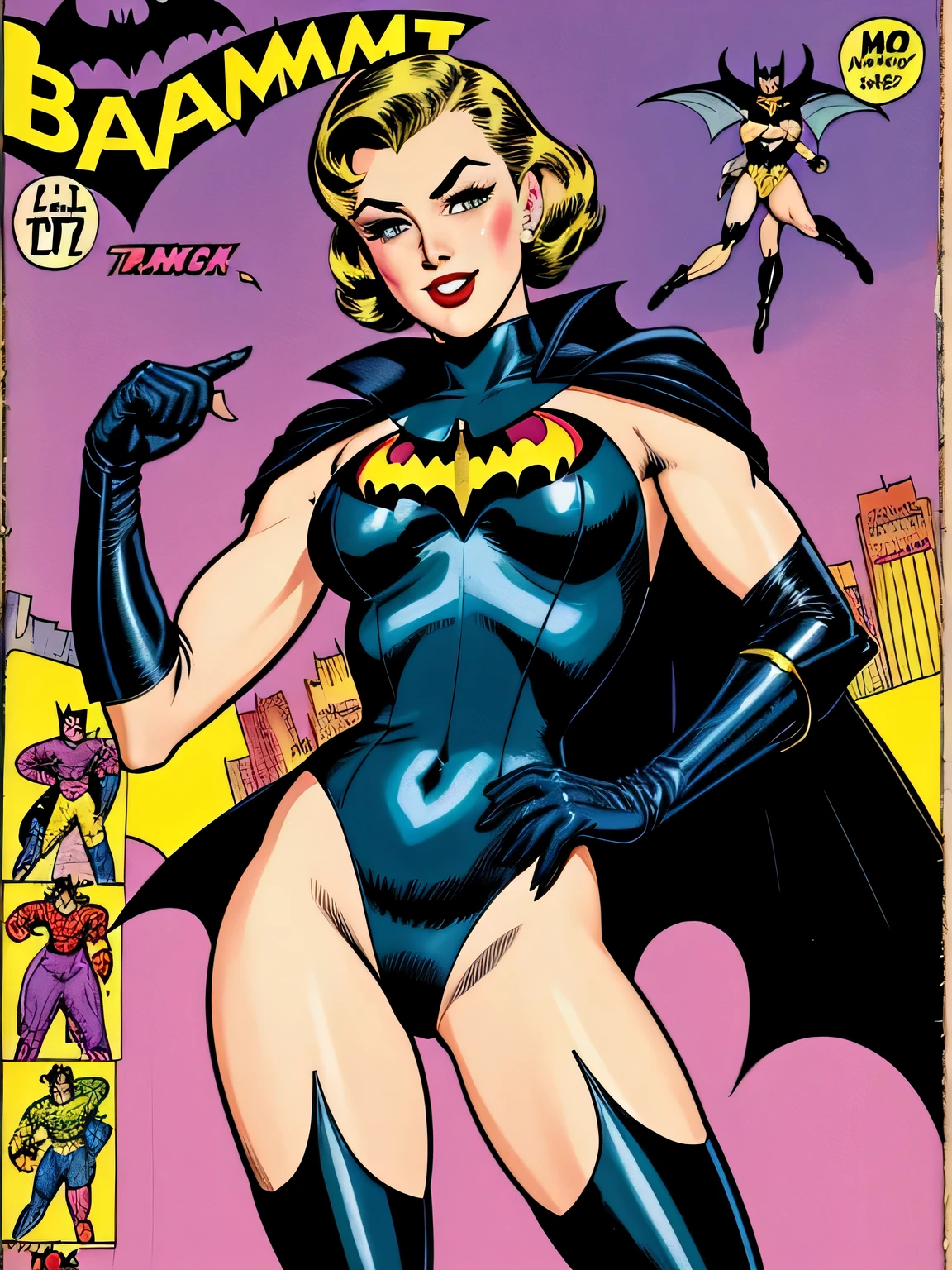 vintage comic book cover, vintage comic, a transsexual batman , trans batman on a stage, 1940's style, detailed face, best quality, masterpiece, high resolution, detailed, hd, 8k