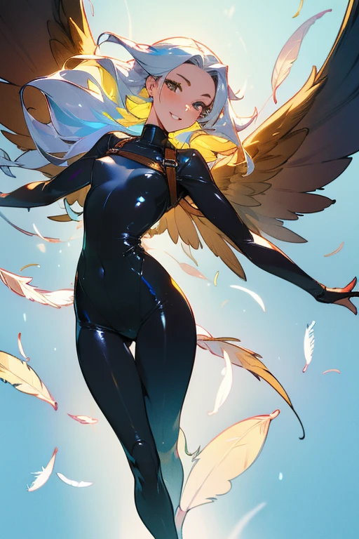 (Masterpiece: 1.5, Best quality, High resolution: 1.3, Super resolution, Super detailed, Ultra detailed: 1.3, Rich background: 1.2, 1 girl)) pale skin + white hair with multi-colored highlights + thigh-length hair + golden eyes + slanted eyes + no hair on forehead + long eyelashes + full lips + soft thighs + big chest + long legs + curvy body + toned body (intricate wetsuit, harness, glitter, intricate high boots) ((smile, feathers floating around, looking at the viewer, two small angel wings, multicolored fiery figures in the background, villainess) (colors for clothing: white, black, gold, light blue)