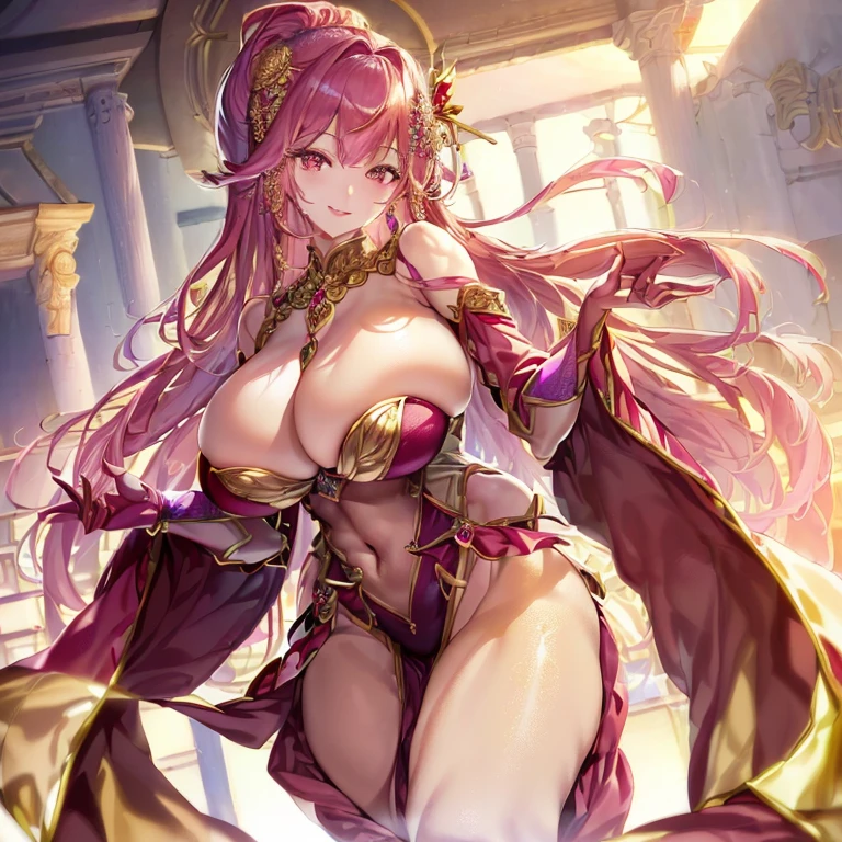 ((top-quality、masutepiece、8K、Top image quality、Highly complex and detailed depictions))、(Japan'the most gorgeous whore goddess:1.1)、((The most gorgeous prostitution goddess huge costume、The most vivid and luxurious costume Iglon costume、The unimaginably luxurious goddess room、Glittering purple and pink room、The most luxurious purple and pink room、purple and pink gems、A night in a glittering room decorated with plenty of jewelry、Very complex decoration、A very transparent goddess room))、(View me、Bewitching smile、Perfect makeup、long eyelashes、lipsticks、Pink eyeshadows、perfect anatomia、Biggest smile)