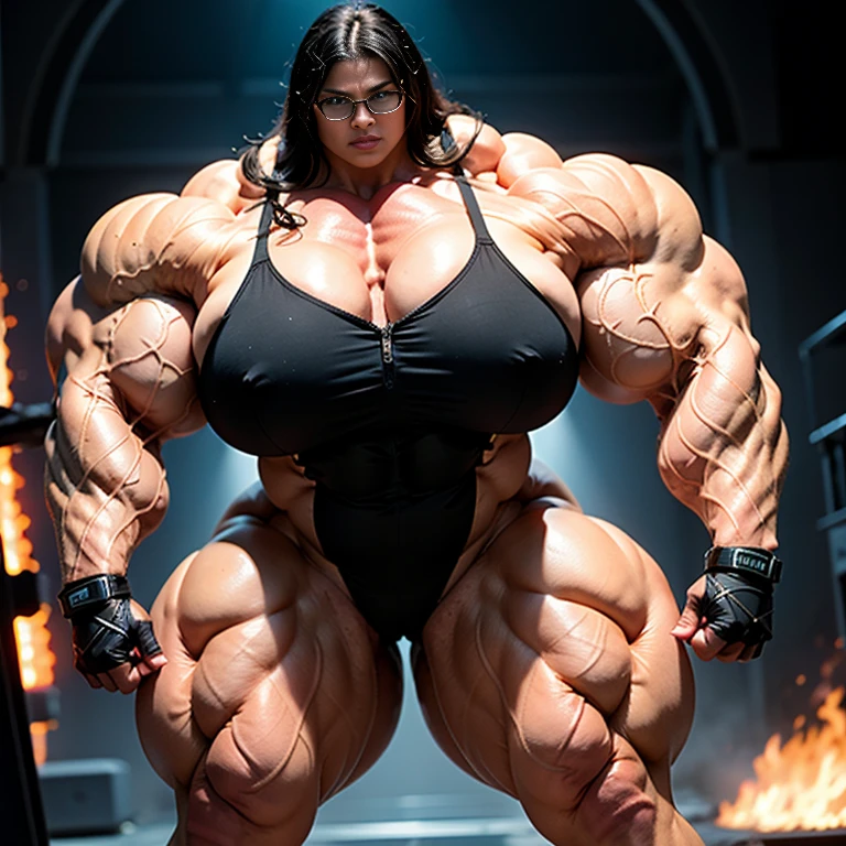 A military, action movie poster of a beautiful, huge, enormous, buff, giant, single Female bodybuilder, muscle goddess, huge arms and huge legs, giant boobs, enormous muscles, big beautiful eyes, with long dark hair, wearing reading glasses, holding an assault rifle, machine gun, photorealistic