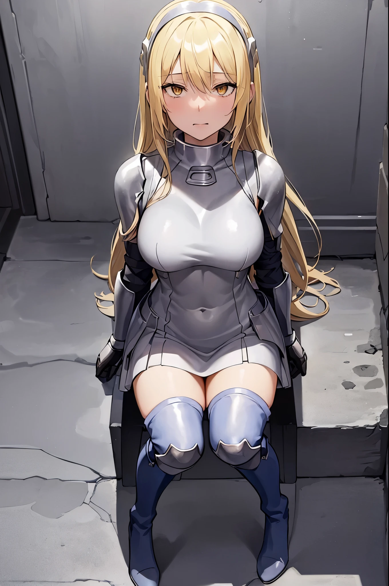 ahg
rolling eyes
tongue,ais, 1girl, solo, blonde hair, armor, long hair, straight hair, thighhighs, boots, dress, yellow eyes, thigh boots, blue long boots, blue footwear, covered navel, breastplate, shoulder armor, gloves, white dress,(((sitting squating looking down look at the viewer from below)))