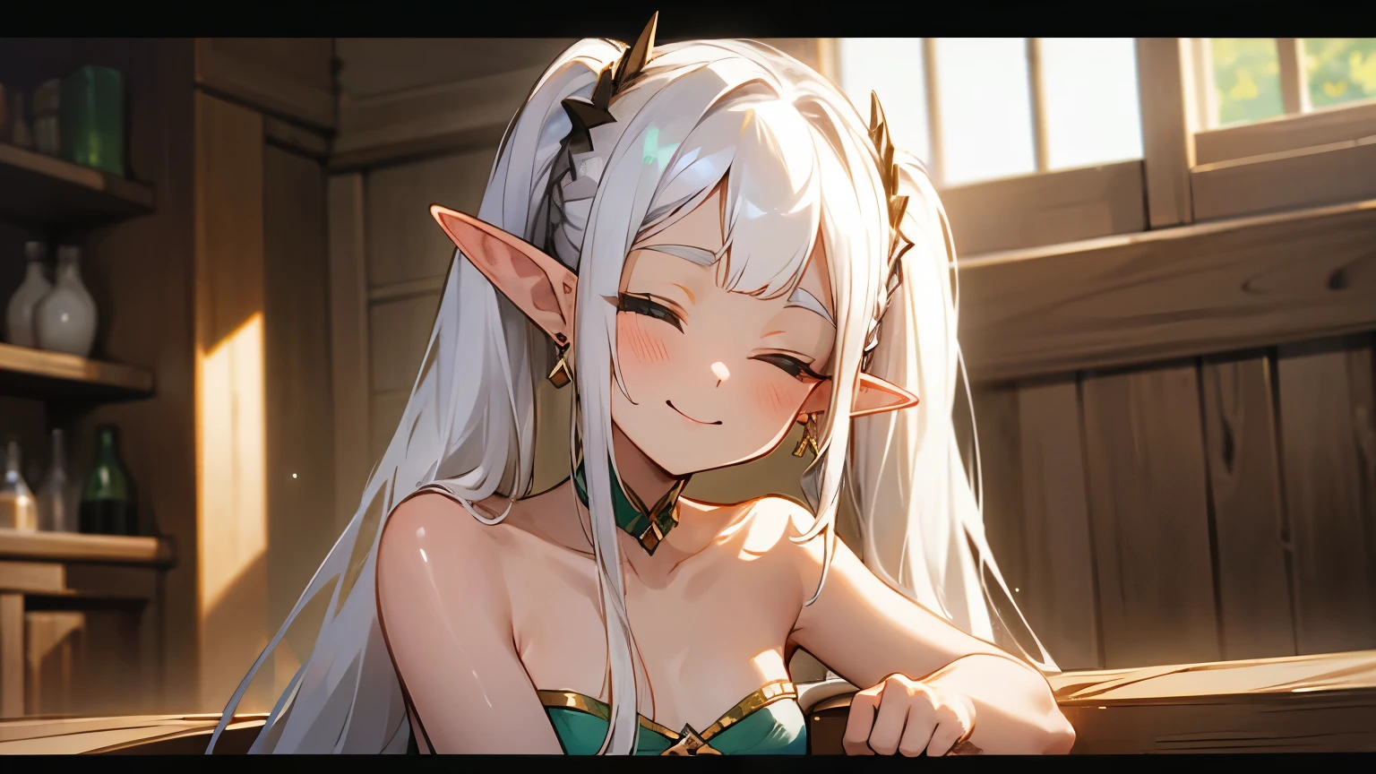 (1 girl),(((pointy ears))),((twintails)),((earrings)),jewelry,(((solo))),(((smile))),towel,(((long hair))),(((,elf girl))),wooden floor,pillarboxed,(((half-closed eyes))),indoors,(((white hair))),(((small breasts))),table,bare shoulders,parted bangs,holding,meme,collarbone,(((closed mouth))),parody,smug,bottle,bangs,braid,upper body