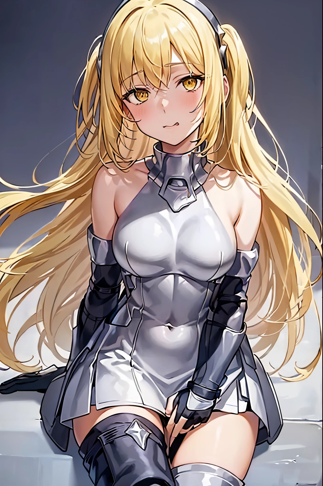 ahg rolling eyes tongue,ais, 1girl, solo, blonde hair, armor, long hair, straight hair, thighhighs, boots, dress, yellow eyes, thigh boots, blue long boots, blue footwear, covered navel, breastplate, shoulder armor, gloves, white dress,(((sitting squating looking down look at the viewer from below,blush)))
