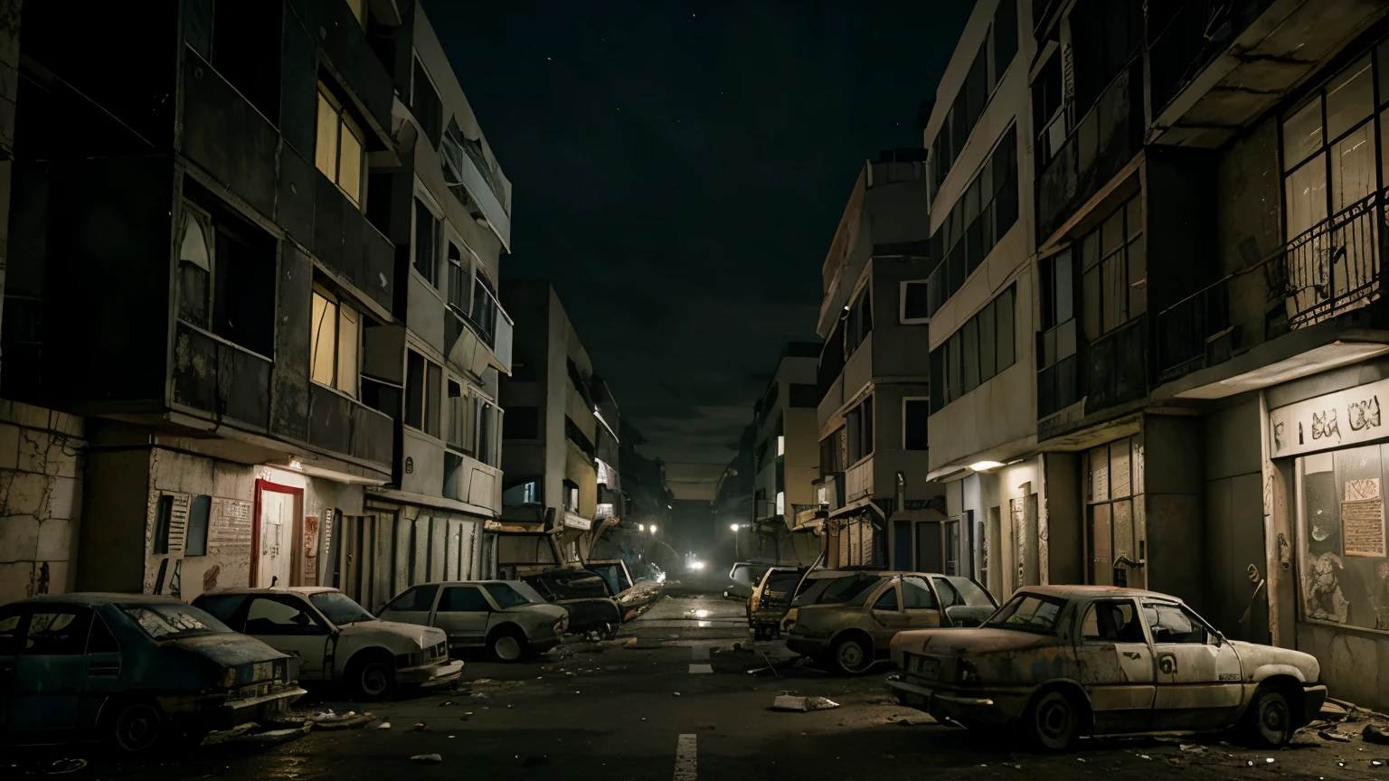 Hospital facade on a post-apocalyptic street, night time, estilo resident evil1, broken ambulances on the street, carros abandonados, ultra realista, sombrio com um clima de terror e suspense. Multiple angles of the same image.