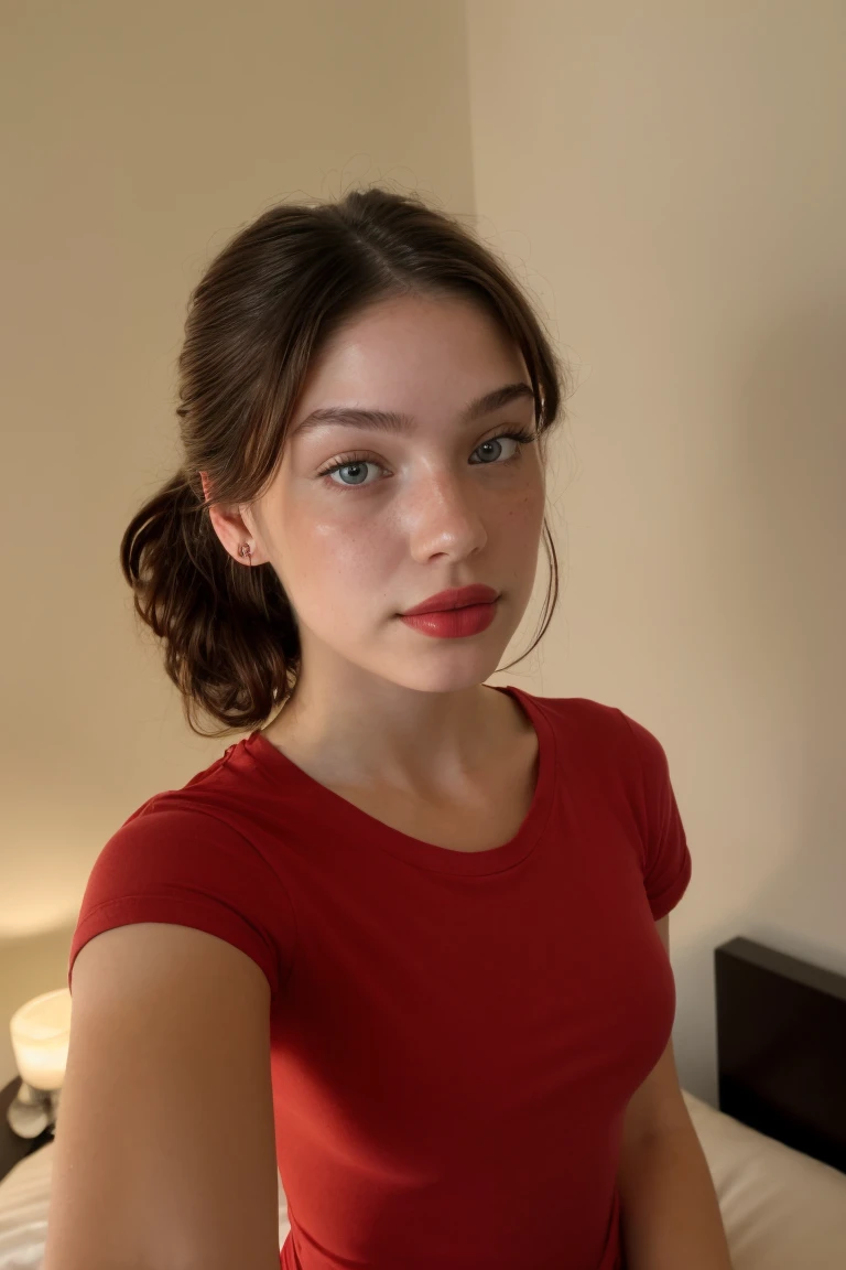 (high angle, closeup on face:1.2) selfie of CandelaGallo, she  wearing tight t-shirt , tshirt, red lipstick, she  posing for selfie, she  wearing ascot, her hair  styled as low messy knot, BREAK she  (in the bedroom:1.1), silhouetted against the light, shot on Leica T, Leica colors, tone,shallow depth of field,vignetting, Voigtlnder Nokton 50mm f1.1 ,