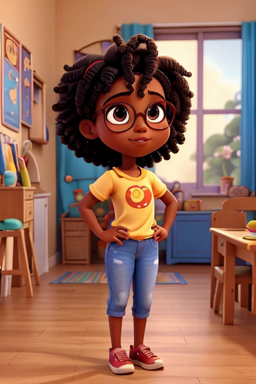 CRIE POSTER PIXAR ESTILO DISNEY 3D, Menina de 5 anos afrodescendente indo para escola de pasta e oculos redondo